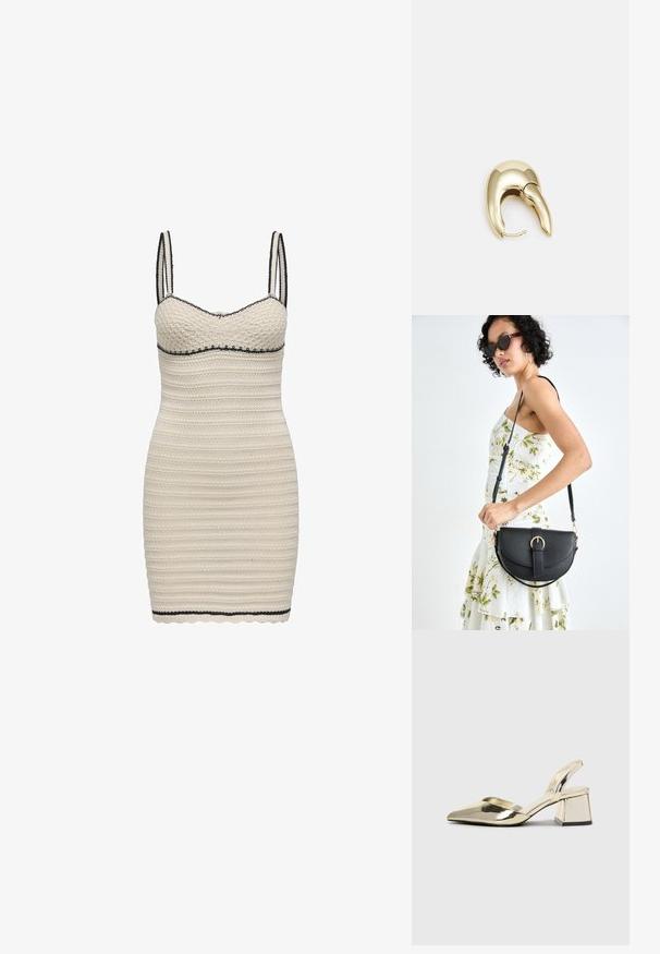 Fehér kötött ruha, amely testhez simuló fazonú, vékony pántokkal, fodros aljjal és ellentétes fekete díszítéssel a nyaknál és az alján.; Arany, fémből készült slingback sarkú cipők hegyes orral és vastag sarokkal. Simaság, minimalista design és keskeny pánt jellemzi.; Fekete bőrtáska ívelt formával, levehető pánttal és arany színű fémrészekkel. A táskán egy csattal díszített fedél található.; Aranyszínű fém fülbevaló, elegáns, ívelt formával. Különleges hegyes alak, fényes felszín és zsanéros záródás jellemzi.