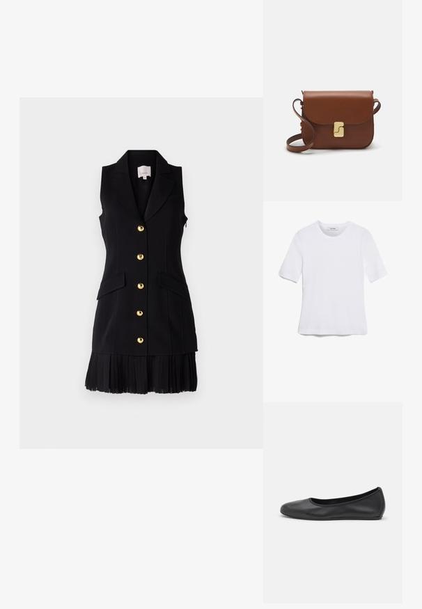 Cinq à Sept REGAN DRESS - Hverdagskjole - black/black; Hvid kortærmet t-shirt lavet af ribbet stof. Rund halsudskæring, almindelig pasform og subtile syninger. Ingen mønstre eller grafik.; Sort læderballetsko med rund tå, glat tekstur, minimal syning og et fleksibelt såldesign.; Brun læder håndtaske med flaplukning, hardware i gyldent tone, en skulderrem og en glat overflade. Kompakt rektangulær form.