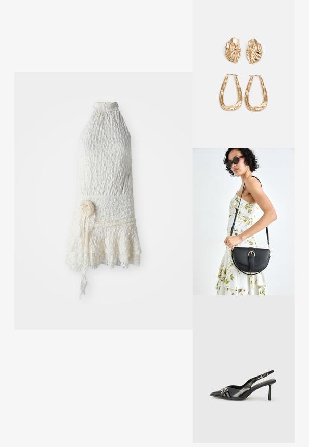 Baltā mežģīņu kleita bez piedurknēm ar augstu kakla izgriezumu, ziedu tekstūru, pieguļošu jostasvietu un svārku apakšmalu ar volāniem, rotāta ar auduma zieda jostu.; Melnā patentēta ādas sandale ar norādītu purngalu, potītes siksniņām ar sudraba sprādzēm un aparatūru, kā arī smalku papēdi.; Melnas ādas rokassoma ar izliekta formu, noņemamu siksnu un zelta aksesuāriem. Somai ir vāciņš ar sprādzes detaļu.; Zelta krāsas auskari ar teksturētām, viļņotām formām. Iekļauts skulpturāls piespraužams modelis un atvērta gredzenveida konstrukcija ar izsistām virsmām.