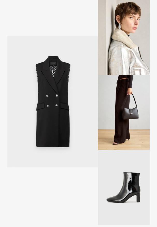 Guess DONATELLA DRESS - Nappali ruha - jet black; Fekete lakk bőrcipő bokáig érő, hegyes orral és közepes magasságú tömbsarokkal. Simább textúrával és minimalista dizájnnal rendelkezik.; Fekete kézi táska strukturált formával, sima textúrával és fémből készült záródással. Széles fekete nadrággal és nyitott orrú szandállal párosítva, fából készült padlón.; Ezüst fémes bőrkabát, gyapjúgallérral, cipzáros záródással és texturált felülettel. Nagy, csepp alakú fülbevalók átlátszó drágakövekkel.