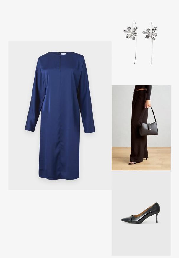 Sötétkék selyemruha hosszú ujjakkal, kerek nyakkivágással és hátsó cipzárral. Egyenes fazonú, finom oldalsó hasítékokkal a könnyű mozgás érdekében.; Fekete lakkbőr magassarkú cipő hegyes orral, díszes pánttal elöl, és vékony stiletto sarokkal.; Fekete kézi táska strukturált formával, sima textúrával és fémből készült záródással. Széles fekete nadrággal és nyitott orrú szandállal párosítva, fából készült padlón.; Ezüst virágformájú fülbevalók, texturált felülettel, hosszú akasztókkal és szirmokra hasonlító részletekkel az összetett dizájn érdekében.