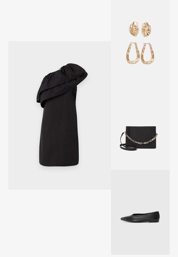 Svart kjole med én skulderdesign, som har en stor, drapert volangdetalj. Laget av et glatt, lett stoff. Minimalistisk stil.; Sorte lærballerina med spiss tå, minimalistisk design, glatt tekstur, lav hæl uten synlig metall eller dekorasjoner.; Svart lær crossbody-veske med glatt tekstur, rektangulær form og metallkjede detaljer på framsiden. Justerbar stroppe inkludert.; Gullfargede øredobber med teksturerte, bølgete former. Inkluderer skulpturelle klipsstuds og åpen hoop-design med en hamret finish.