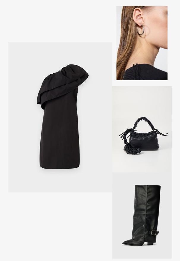 Robe noire avec un design à une épaule, mettant en avant un grand détail de volan drapé. Fabriquée à partir d'un tissu lisse et léger. Style minimaliste.; Bottes noires en cuir longueur cheville avec un bout pointu, texture lisse et une accent en boucle argentée sur le côté. Talon carré épais.; Sac à main en simili cuir noir avec une texture crocodile, un dessus resserré et une sangle froncée. A l'apparence douce et compacte.; Boucle d'oreille en argent avec une finition polie, présentant de petits détails en or et de forme ronde, portée sur le lobe.