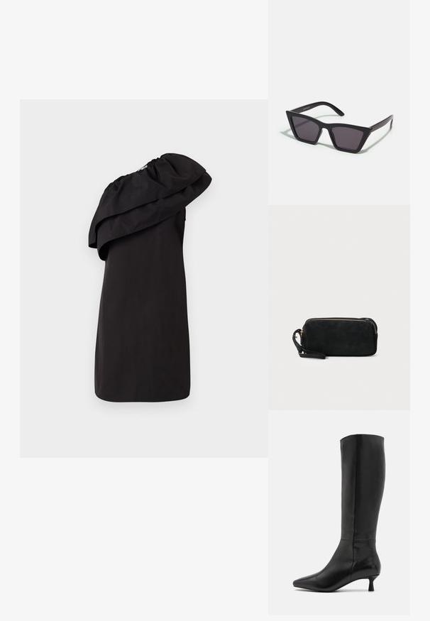 Čierne šaty s jedným ramenom, zdobené veľkým, drapovaným volánom. Vyrobené z hladkej, ľahkej látky. Minimalistický štýl.; Zign Čižmy - black; Čierne, ostré slnečné okuliare so sivými sklami; vyrobené z plastu, majú hrubé ramená s hladkým povrchom a bez viditeľnej mechaniky.; Čierna semišová kabelka na ruku so zipsovým uzáverom a odnímateľným zápästným popruhom. Obsahuje zlaté kovové komponenty a hladký, matný povrch.