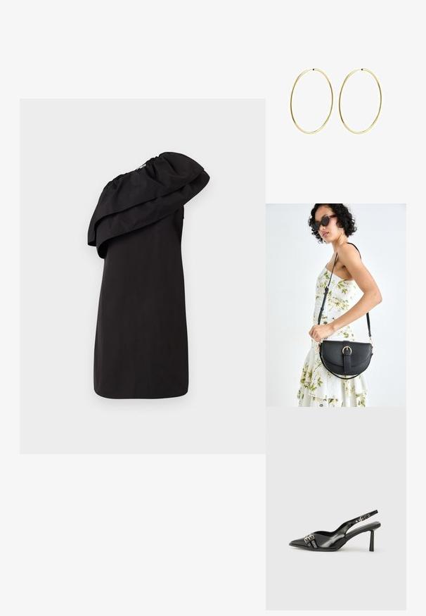 Crna haljina s jednim ramenom, koja sadrži veliki, drapirani detalj s volanom. Izrađena od glatkog, laganog materijala. Minimalistički stil.; Crna lakirana slingback cipela s izduženim vrhom, remenčićima oko gležnja s srebrnim kopčama i dijelovima, te vitkim potplatom.; Crna kožna torba s lukovitim oblikom, odvojivim remenom i zlatnim detaljima. Torba ima preklop s kopčom.; Zlatne naušnice u obliku kružne petlje, s glatkim i zaobljenim dizajnom. Tanke su i lagane, s kontinuiranom petljom bez dodatnih ukrasa.