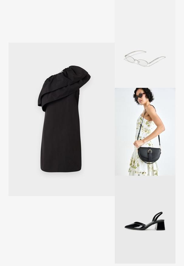 Robe noire avec un design à une épaule, mettant en avant un grand détail de volan drapé. Fabriquée à partir d'un tissu lisse et léger. Style minimaliste.; Escarpins en cuir verni noir avec bout pointu et talon bloc géométrique. Présente un design élégant et minimaliste ainsi qu'une texture lisse.; Lunettes ovales avec une monture métallique argentée, verres transparents et accents de branches texturées avec perles. Design léger avec des branches courbées.; Sac à main en cuir noir avec une forme courbée, bandoulière amovible et des accessoires en or. Le sac est doté d'un rabat avec un détail de boucle.