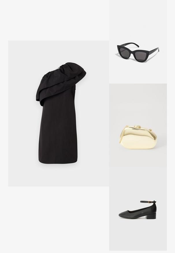 Vestido preto com um design de um ombro, apresentando um grande detalhe em volutas drapeadas. Feito de um tecido suave e leve. Estilo minimalista.; Sandal de pele preta com bico pontiagudo e um salto bloco baixo. Apresenta uma tira no tornozelo com uma fivela em tom dourado. Textura suave.; Óculos de sol cat-eye pretos com acabamento mate, apresentando lentes cinzentas, ângulos acentuados e hastes elegantes. Nome da marca visível na parte interna da haste.; Clutch metálico dourado com uma forma suave e arredondada, apresentando um fecho de botão superior e uma pequena alça em corrente para transporte.
