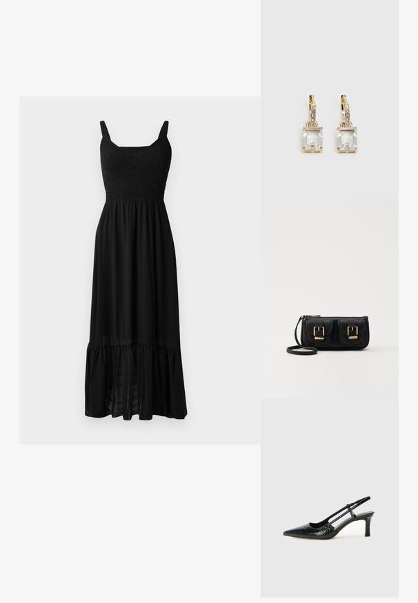 Svart maxiklänning med smockad byst, justerbara axelband och lager på lager volanger i nederkant. Tillverkad av lätt och flödande tyg med en mjuk textur.; Svart lackskin slingback-häl med spetsig tå, med texturerad ormskinnsprint, justerbar rem och en kort, texturerad blockklack.; Svart läderaxelväska med två framfickor, guldspännen, dragkedjestängning och en smal rem. Texturerad yta och kompakt rektangulär form.; Svart läderaxelväska med två framfickor, guldspännen, dragkedjestängning och en smal rem. Texturerad yta och kompakt rektangulär form.; Guldtonade örhängen med en rektangulär, klar kristall som hänger under en rad av små, runda klara accenter. Snygg, modern design.