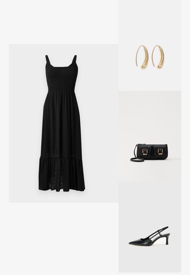 Svart maxiklänning med smockad byst, justerbara axelband och lager på lager volanger i nederkant. Tillverkad av lätt och flödande tyg med en mjuk textur.; Svart lackskin slingback-häl med spetsig tå, med texturerad ormskinnsprint, justerbar rem och en kort, texturerad blockklack.; Svart läderaxelväska med två framfickor, guldspännen, dragkedjestängning och en smal rem. Texturerad yta och kompakt rektangulär form.; Guldtonade metallörhängen i en kurvad, avlång form. Har en slät, glänsande yta och en rundad spets för en extra detalj.
