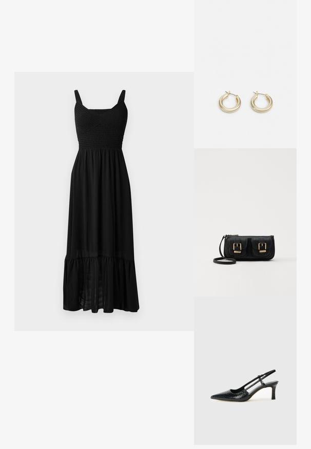 Crna maxi haljina s nabranim korpusom, podesivim trakama i slojevitim ruffles na rubu. Izrađena od lagane, lepršave tkanine s glatkom teksturom.; Crne lakirane slingback pete s oštrim vrhom, s teksturiranim uzorkom zmijske kože, podesivom remenom i kratkom, teksturiranom blok-petom.; Crna kožna torba preko ramena s dva prednja džepa, zlatnim kopčama, zatvaranjem na zip i uskim remenom. Teksturirana površina i kompaktan pravokutan oblik.; Lauren Ralph Lauren BASIC SMALL HOOP - Naušnice - gold-coloured