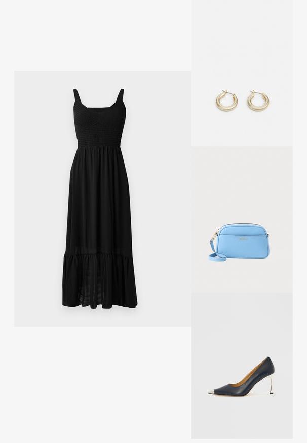 Crna maxi haljina s nabranim korpusom, podesivim trakama i slojevitim ruffles na rubu. Izrađena od lagane, lepršave tkanine s glatkom teksturom.; Smeđe plava kožna ženska cipela s visokim potpeticama i šiljastim vrhom, s metalnim srebrnim vrhom i sjajnom srebrnom štiklom.; Svijetloplava kožna torba preko tijela s zlatnim detaljima, zatvaranjem na zip i prednjim džepom. Ima podesivu naramenicu za praktičnost.; Lauren Ralph Lauren BASIC SMALL HOOP - Naušnice - gold-coloured