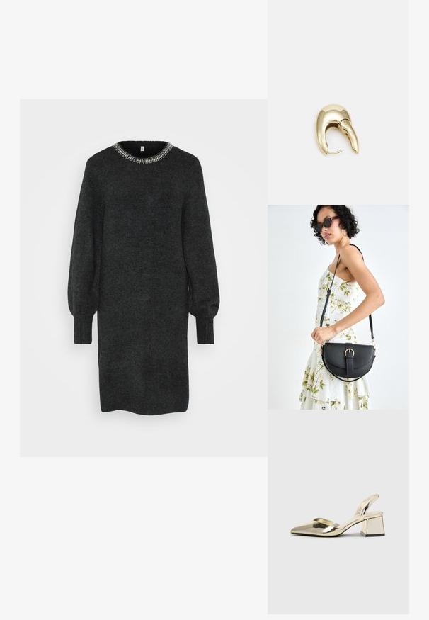 Robe en tricot gris foncé avec un col rond orné de perles argentées. Manches longues et bouffantes avec des poignets côtelés.; Talons aiguilles dorés métalliques avec un bout pointu et un talon épais. Texture lisse, design minimaliste et une fine bride.; Sac à main en cuir noir avec une forme courbée, bandoulière amovible et des accessoires en or. Le sac est doté d'un rabat avec un détail de boucle.; Boucle d'oreille en métal doré avec un design élégant et courbé. Présente une forme conique distinctive, une surface polie et une fermeture à charnière.