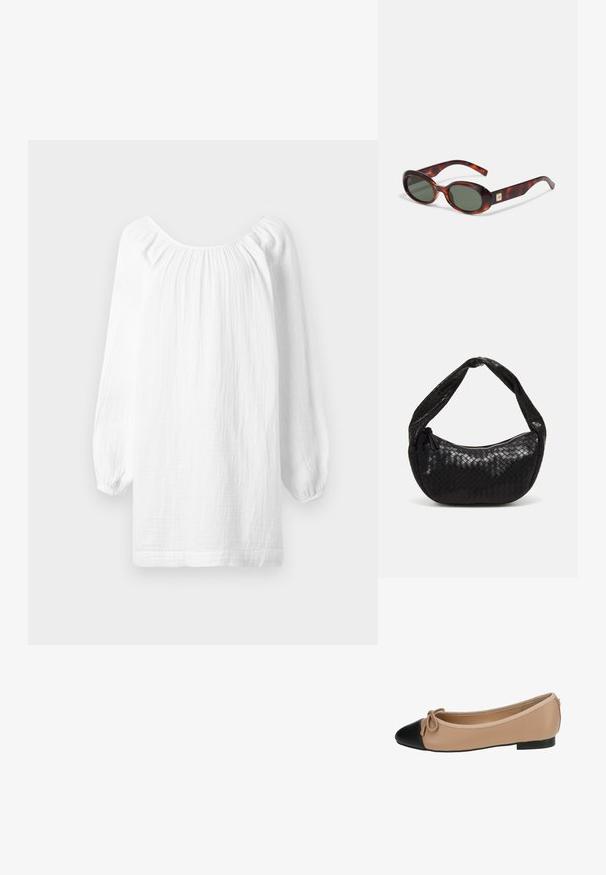 Bluză albă cu mâneci lungi, dintr-un material texturat, cu detalii pliate la guler și manșete elasticizate. Linia de sân este dreaptă.; Balerini din piele bej cu vârf negru. Prezentând un detaliu de fundiță în față și o textură netedă. Design de profil jos cu o talpă din cauciuc.; Ochelari de soare cu model țestoasă, cu lentile întunecate, formă ovală și brațe late. Prezintă un mic accent auriu pe lateral. Material din plastic neted.; Geantă din piele împletită neagră, cu o formă curbată, având un mâner gros și închidere cu fermoar. Suprafață texturată cu un finisaj lucios.