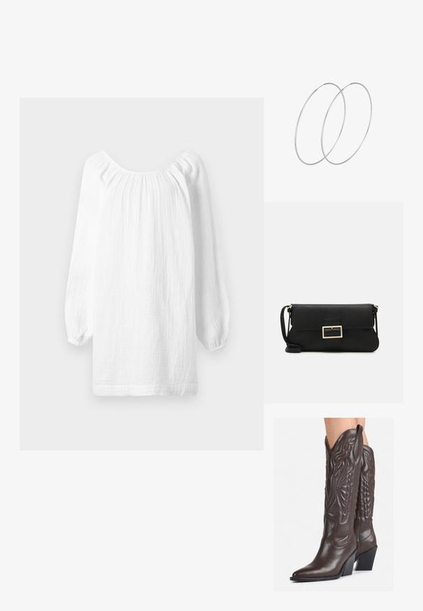 Bílá halenka s dlouhým rukávem a texturovanou tkaninou, na níž jsou sbírané detaily u výstřihu a elastické manžety. Rovný spodní lem.; Hnědé kožené kovbojské boty s špičatou špičkou a blokovým podpatkem, se zdobným prošíváním a vyvýšenými akcenty na nárazu.; Černá kožená psaníčko s klopou a zlatým kovovým detailním sponou. Součástí je černý popruh a elegantní, minimalistický design.; Stříbrné kruhové náušnice s minimalistickým designem. Kruh, hladký povrch a tenký profil. Lehká konstrukce s lesklým povrchem.