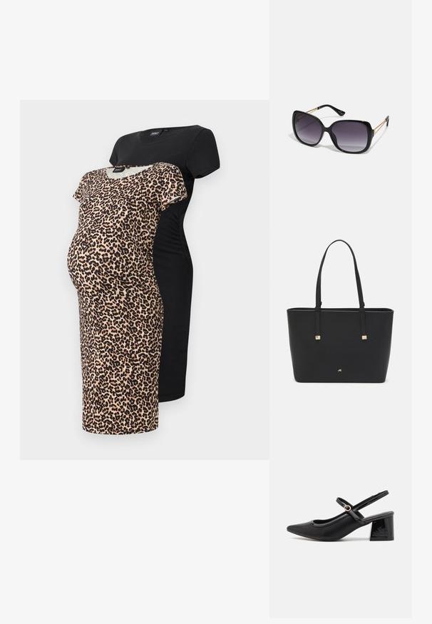 Těhotenský šatový set zahrnující dvě šaty: jedny černé a jedny s leopardím potiskem. Obě jsou vyrobeny z měkké tkaniny, navrženy pro pohodlí během těhotenství.; Černé lakované lodičky s otevřenou patou, špičatou špičkou, zaobleným střihem a blokovým podpatkem. Zdobené akcentem v zlatém tónu.; Černé oversized sluneční brýle se gradientními skly, silnými rámy a zlatými řetízkovými detaily na nožičkách.; Černá taška přes rameno vyrobená z umělého materiálu, s jednoduchým obdélníkovým designem, zlatými čtvercovými akcenty a dvojitými uchy.