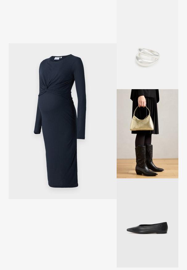 Tumši jūraszils ribota grūtnieču kleita ar garām piedurknēm, pagrieziena detaļa jostasvietā un ceļa garuma apakšmalu. Mīksta tekstūra, cieši pieguļošs dizains.; Melna ādas baleta kurpe, ar norādītu purngalu, minimālisma dizains, gluda tekstūra, zema papēža augstums, bez redzamiem aksesuāriem vai rotājumiem.; Zeltīta, tekstūrēta rokassoma ar izliekumu un īsu rokturi, kuru tur persona, kas ģērbusies melnā plisētā svārku un melnās ādas kovboju zābakos.; Sudraba divu joslu gredzens ar gludu, pulētu virsmu. Iezīmējas ar plūstošu, izliekta dizaina struktūru ar pārklājošām sekcijām modernam izskatam.