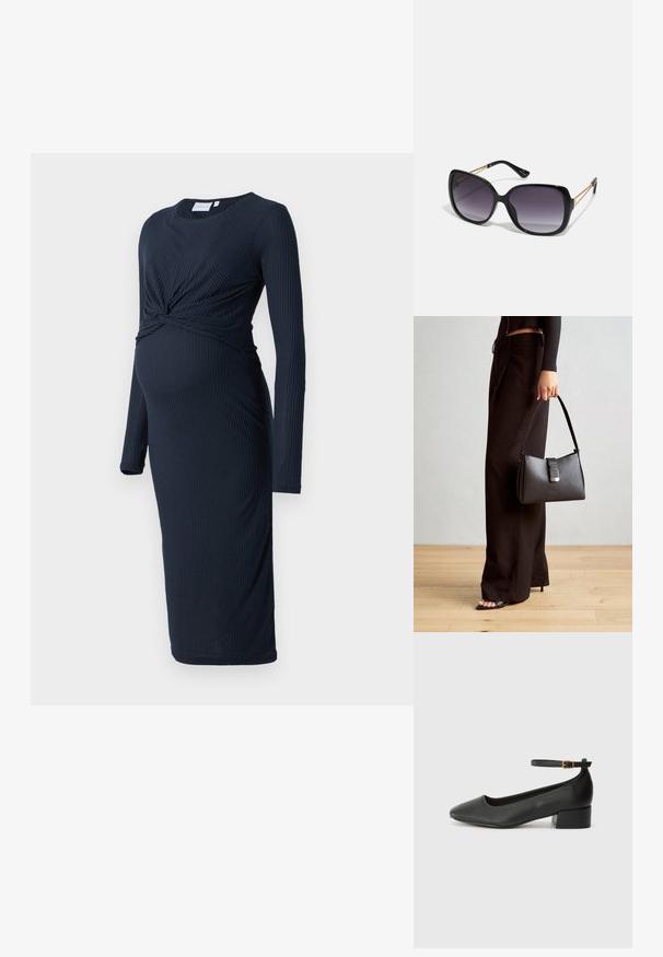 Tamna mornarska plava trudnička haljina s dugim rukavima, detaljem uvijanja u predjelu struka i dužinom do koljena. Mekana tekstura, prilagođen dizajn.; Crne kožne pumpe s oštrim vrhom i niskom blok petom. Sadrže remen oko gležnja s zlatnim kopčanjem. Glatka tekstura.; Crne prevelike sunčane naočale s gradijentnim lećama, debelim okvirom i zlatnim lancem kao detaljem na krakovima.; Crna torba s oblikom koji sadrži strukturu, glađu teksturu i metalnu kopču. Uparena s širokim crnim hlačama i sandalama na otvorenom s drvenog poda.; Srebrna dvostruka prsten s glatkom, poliranom površinom. Karakterizira ga fluidan, zakrivljen dizajn s preklapajućim sekcijama za moderan izgled.