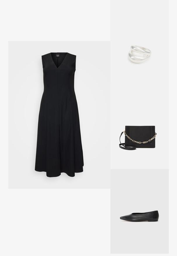 Mustat hihattomat mekko, jossa on V-pääntie ja A-linjainen siluetti, valmistettu sileästä kankaasta. Ominaisuudet ovat yksinkertainen muotoilu ilman lisäkuvioita tai koristeita.; Musta nahkainen ballerinatyyppinen kenkä, terävä kärki, minimalinen muotoilu, sileä pinta, matala korko, ei näkyvää metalliosaa tai koristeita.; Musta nahkainen olkalaukku, jossa on sileä pinta, suorakulmainen muoto ja metalliketju yksityiskohtana edessä. Mukana säädettävä hihna.; Hopeinen kaksinkertainen rengas, jossa on sileä, kiillotettu pinta. Siinä on sulava, kaareva muotoilu, jossa on päällekkäisiä osia modernin ilmeen saavuttamiseksi.