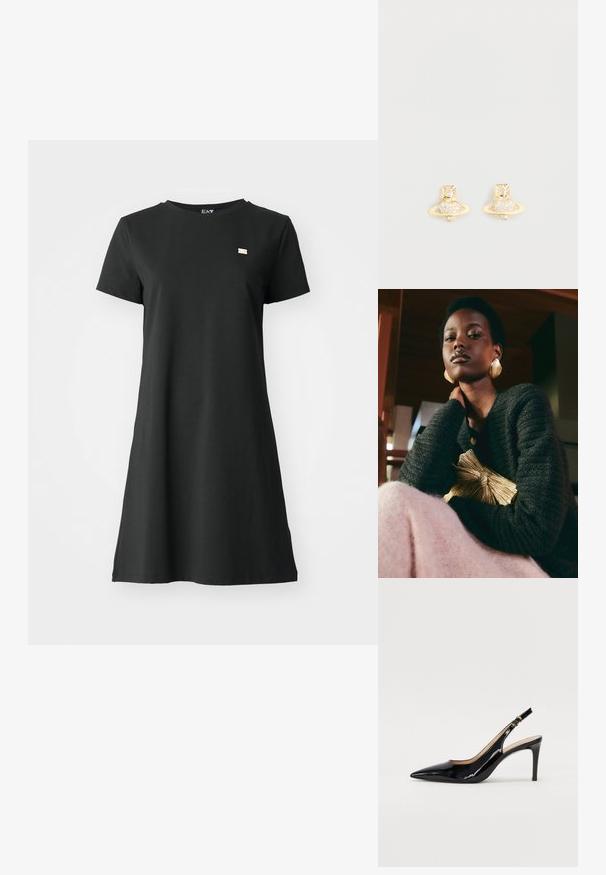 Kratka črna obleka s kratkimi rokavi, izdelana iz gladkega materiala, z ohlapnim krojem in majhnim blagovnim znakom na prsih. Preprost in minimativen dizajn.; Črne lakirane slingback čevlje z izostrenim nosom, ozkim peto in subtilnim izrezom. Na traku je zlata sponka.; Loeffler Randall PLEATED FRAME WITH BOW - Pisemska torbica - gold-coloured; Zlati uhani s stožčasto obliko, ki imajo teksturiran pas in vgrajene okrogle kristale za dodatno iskrico.