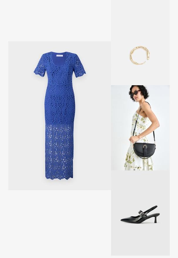 Sinivihreä pitsimekko, jossa on tiukkasti istuva yläosa ja levenevät lyhyet hihat. Mekossa on monimutkainen kukkakuosi ja pitkä hame, jonka helma on aallotettu.; Musta patenttinaahkakengät, joissa on osoittava kärki ja pieni lohko korko, varustettuna hopeisella soljella hihnassa.; Musta nahkainen käsilaukku, joka on kaareva muotoilultaan, irrotettavalla hihnalla ja kultaisilla yksityiskohdilla. Laukussa on läppä, jossa on solk yksityiskohta.; Kultaketju, jossa on orgaaninen, kierretty muotoilu, sileä pinta ja cappatut päät, luoden modernin, veistoksellisen ilmeen.