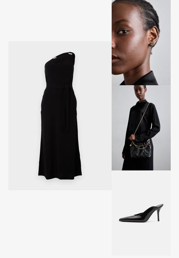 Vestido preto de um só ombro em tecido suave. Apresenta uma cintura ceifada e uma fenda lateral, com um detalhe metálico no ombro. Comprimento longo.; Mule de salto alto em couro envernizado preto com ponta fina e uma silhueta elegante, apresentando um calcanhar aberto e um salto stiletto esbelto.; Bolsa de mão preta de couro acolchoado com uma parte superior franzida, alça de corrente dourada e forma retangular, sustentada contra um fundo liso.; Os brincos de flor em ouro apresentam um centro texturizado em preto e detalhes delicados. A pele clara da modelo e o seu cabelo trançado são visíveis de lado.