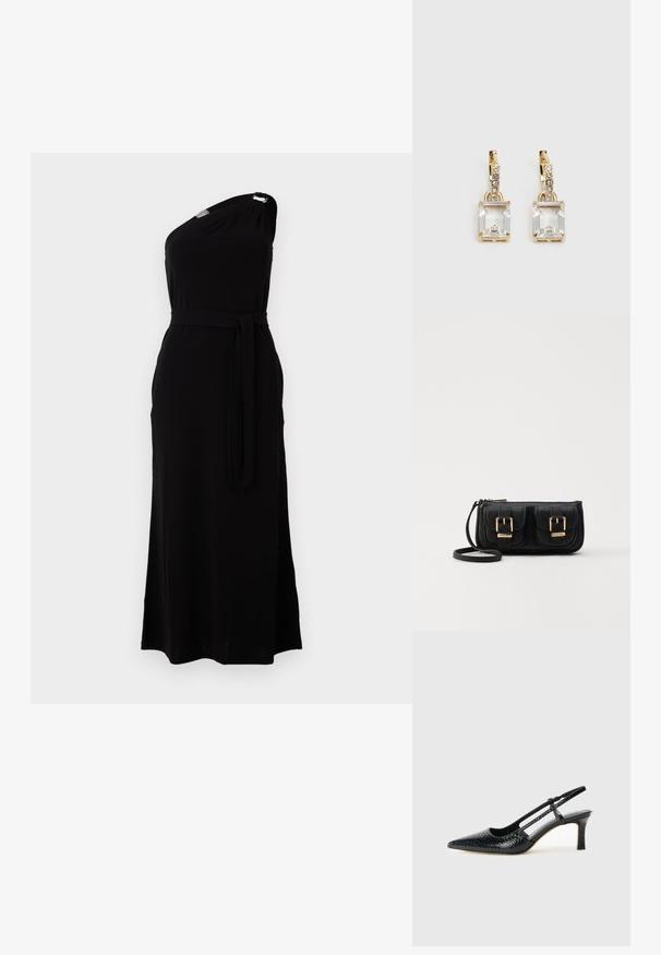 Melnā, vienas pleca kleita no mīkstas auduma. Piedāvā vidukļa jostu un sānu šķēlumu, ar metālisku akcentu pie pleca. Garā garuma.; Melna patent āda ar slīdošo papēdi un smailo purngalu, ar teksturētu čūsku drukājumu, regulējamu siksniņu un īsu teksturētu blokpapēdi.; Melnas ādas crossbody soma ar divām priekšējām kabatām, zelta sprādzēm, ar rāvējslēdzēju aizdari un šauru siksnu. Strukturēta virsma un kompakta taisnstūra forma.; Zeltītas auskaru rotas, kuru centrā ir taisnstūra formas caurspīdīgs kristāls, kas karājas zem mazu, apaļu caurspīdīgu akcentu rindas. Elegants, mūsdienīgs dizains.