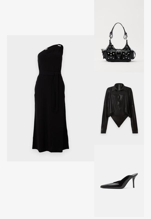 Black, one-shoulder dress in soft fabric. Features a belted waist and a side slit, with a metallic accent at the shoulder. Long length.; Black bodysuit with long sleeves, V-neck, and a fitted silhouette. Made of shiny, smooth fabric with a structured collar and cuffs.; Black patent leather high-heeled mule with a pointed toe and a sleek silhouette, featuring an open back and a slender stiletto heel.; Black leather handbag with a curved design, featuring silver studs, a buckle, and two side pockets. Adjustable strap for carrying options.