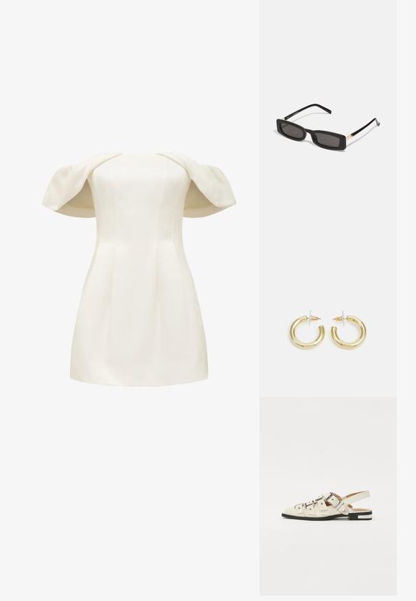 Balta su peties suknelė, pagaminta iš lygios medžiagos, su prigludusia liemene ir platėjančia sijonu, turinti struktūruotas pūstines rankoves.; Balno sandalai, pagaminti iš baltos odos, su keliais plačiais diržais ir sidabro spalvos sagtimis; plokščias padas su mažu juodu kulniuku ir metaliniais akcentais.; Juodos stačiakampės akinių nuo saulės su tamsiais lęšiais, blizgančiais plastikinių rėmų ir auksiniais akcentais ant šventyklų. Minimalistinis dizainas ir elegantiška forma.; Aukso auskarai su lygiu, blizgiu paviršiumi. Apvalus dizainas su maža užrakto dalimi ir skaidria atrama saugiam nešiojimui.
