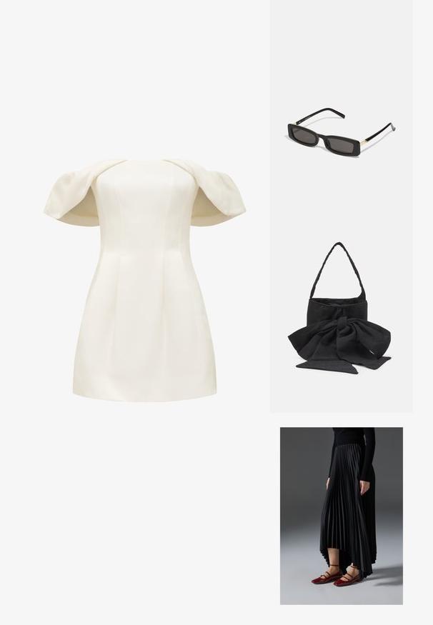 Õlavarrelt vaba valge kleit, mis on valmistatud siledast kangast, kellel on istuv bodice ja laienev seelik, millel on struktureeritud puffvarrukad.; Mustmust seelik kõrgema ees- ja madalama taga servaga, kombineeritud läikivate punaste sussidega, millel on rihma kujundus. Kangas on sileda tekstuuriga.; Mustad ristkülikukujulised prillid tumedate läätsedega, läikivad plastraamid ja kuldsed aktsendid templites. Minimalistlik disain ja voolujooneline kuju.; Must mustrunn taaskotist must mustsuudmuus, ümmargune kuju, tekstureeritud pind väikeste mustritega ja üks õhuke käepide.