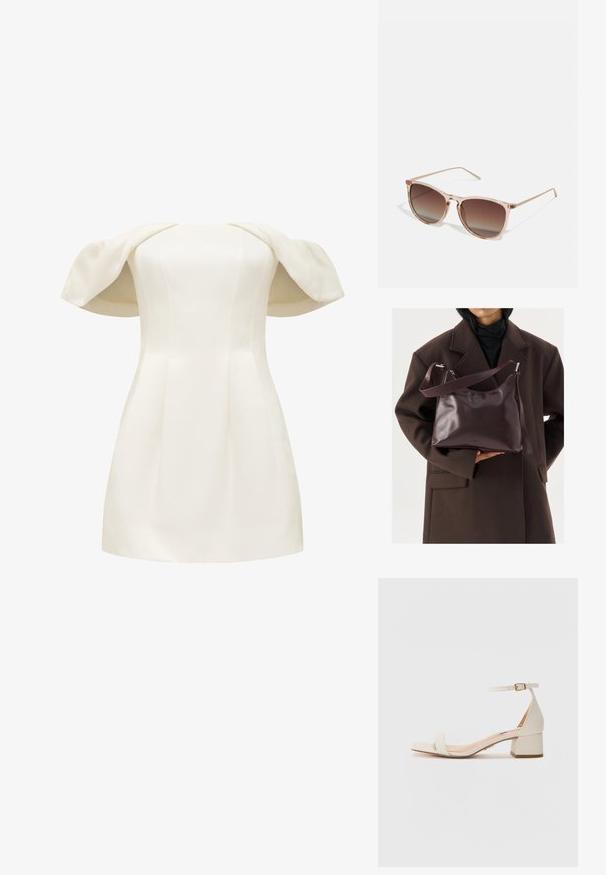 Off-the-shoulder vit klänning tillverkad av slätt tyg, med en åtsittande bodice och utsvängd kjol med strukturerade puffärmar.; Beige blockklackad sandal med kvadratig tå. Har en smal ankelrem med spänne, slät läderliknande textur och en måttlig klackhöjd.; Bruna gradient solglasögon med en genomskinlig rosa ram, fyrkantig form och tunna metalldelar. Har rundade kanter och minimal detaljering.; Person i mörkbrun kappa som håller en glansig mörk burgundyröd läderhandväska med justerbar axelrem mot en ljus bakgrund.