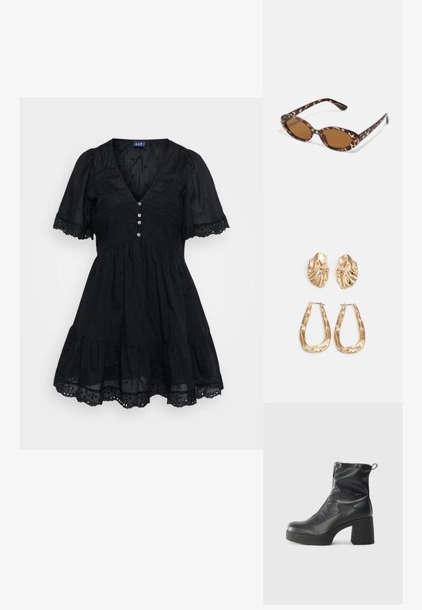 Vestido preto feito de tecido leve, com corpete ajustado, mangas curtas bufantes, decote em V, detalhes em botão e acentos bordados na saia.; Botas de tornozelo pretas feitas de couro liso, com fecho lateral, salto grosso texturizado e design de bico arredondado.; Óculos de sol em tartaruga com lentes ovais, com tonalidade castanha, hastes finas com padrão texturizado, estrutura leve em plástico.; Brincos em tom de ouro com formas onduladas e texturizadas. Inclui studs escultóricos com presilha e um design de argola aberta com um acabamento martelado.