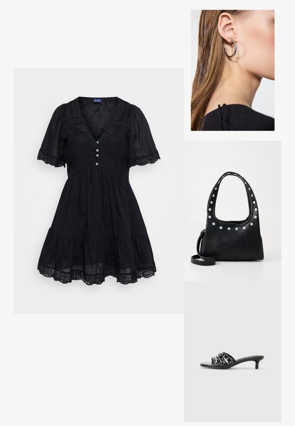 Abito nero realizzato in tessuto leggero con corpino aderente, maniche a sbuffo corte, scollatura a V, dettagli con bottoni e accenti ricamati sulla gonna.; Sandali neri con tacco alto, caratterizzati da più nastri lucidi e dettagli metallici, con punta appuntita e modesti tacchi a stiletto. Texture liscia.; Borsa a tracolla in pelle nera texture, con borchie argentate lungo il bordo superiore e le maniglie, dotata di un manico corto e di una tracolla removibile.; Orecchino a cerchio in argento con finitura lucida, caratterizzato da piccoli dettagli in oro e una forma tondeggiante, indossato sul lobo.