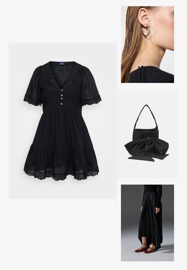Čierne šaty vyrobené z ľahkej tkaniny s priliehavým telom, krátkymi vypchávkovanými rukávmi, výstrihom do V, gombíkovými detailmi a vyšívanými akcentmi na sukni.; Čierna plisovaná sukňa s vysokým a nízkym lemom, skombinovaná s lesklými červenými balerínami s dizajnom remienkov. Tkanina má hladkú textúru.; Čierna textilná kabelka s viazanou mašľou, zaobleným tvarom, textúrovaným povrchom s drobnými vzormi a jedným tenkým uchom.; Strieborná kruhová náušnica s lesklým povrchom, obsahujúca malé zlaté akcenty a okrúhly tvar, nosená na lalôčiku ucha.