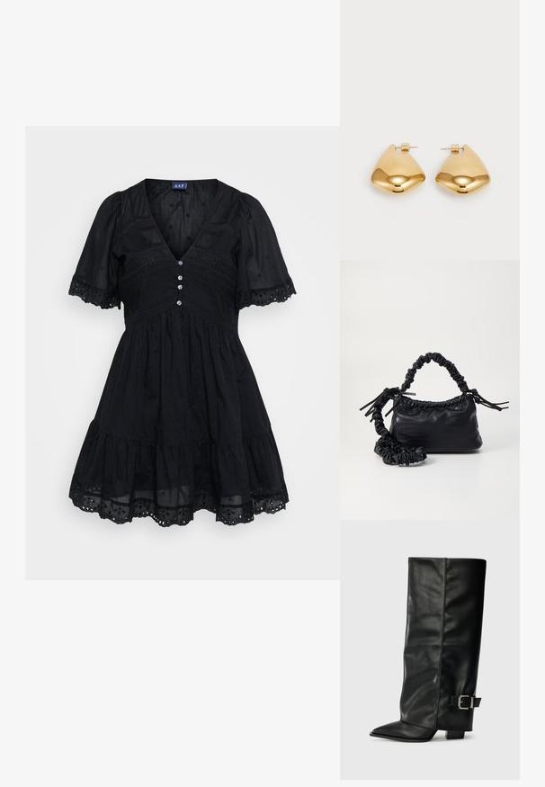 Fekete, könnyű anyagból készült ruha, testhez álló felsőrésszel, rövid puffos ujjakkal, V-nyakkal, gomb részletekkel és hímzett díszítéssel a szoknyán.; Fekete bőr bokáig érő csizmák hegyes orral, sima felülettel és ezüst csattal az oldalon. Tömbös négyzet alakú sarok.; Fekete műbőr kézi táska krokodil bőr textúrával, összehúzható tetejű és gyűrt pánttal. Lágy és kompakt dizájnúnak tűnik.; Aranyszínű fém fülbevalók sima, lekerekített háromszög alakúak, tűs hátlappal; tükröződő felület minimális díszítéssel.