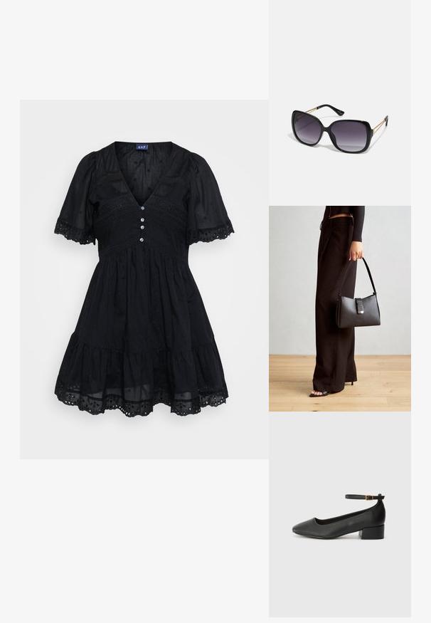 Mustmust valgest kergest kangast, millel on sobituv ülaosa, lühikesed puffvarrukad, V-kaelus, nupud ja tikitud detailid seeliku peal.; Must mustaapp, millel on terav nina ja madal blokk-kand. Omab pahkluu rihma koos kuldse tooni pandlaga. Sile tekstuur.; Mustad ümarad päikeseglaasid, millel on gradient objektiivid, paksud raamid ja kuldse tooni kettaga kaunistused tempelitel.; Must musta kott, millel on struktureeritud kuju, sile tekstuur ja metallist klamber. Kombineeritud laiate mustade pükstega ja avatud varvaste sandaalidega puidust põrandal.