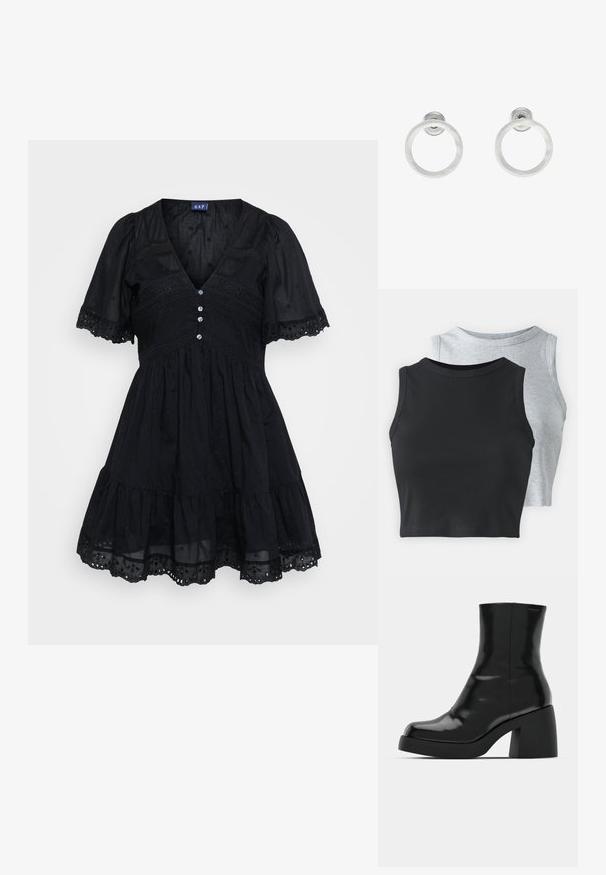 Juoda suknelė pagaminta iš lengvos medžiagos, su prigludusia liemene, trumpomis pūstomis rankovėmis, V formos iškirpte, sagų detalėmis ir siuvinėjimu ant sijono.; Even&Odd Petite 2 PACK - Viršus - light grey/black; Juodi kulkšniniai batai su blizgiu paviršiumi, kvadratiniu pirštu ir storu blokiniu kulnu. Dizainas pasižymi be siūlių siluetu ir minimalia ženklinimo. ; Sidabriniai metaliniai auskarai žiedų pavidalu su šveitimo tekstūra, turintys apvalų dizainą ir skaidrų laikiklį saugiam dėvėjimui.