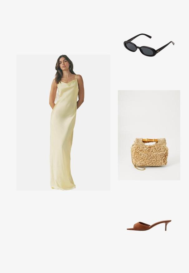 Langes, satinbesetztes Nachthemd in sanftem Gelb mit einem Cowl-Ausschnitt und Spaghettiträgern; glatte Textur und taillierte Silhouette.; Braune Wildleder-Pantoletten mit offenen Zehen und einem geschwungenen Design, ausgestattet mit einem niedrigen Stiletto-Absatz und glatten, minimalistischen Linien.; Schwarze, oversized Sonnenbrillen mit ovalen Gläsern, glattem Kunststoffrahmen und goldenen Akzenten an den Bügeln. Die dunklen Gläser bieten Sonnenschutz.; Geflochtene Strohtasche mit Bambusgriffen, ausgestattet mit einem strukturierten Fransen-Design in natürlichem Beige und einem goldenen Kettenriemen.