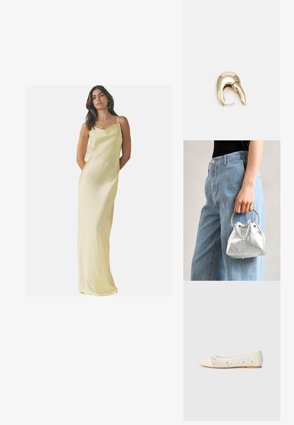 Ilgas, satino naktinis sijonas švelniai gelsvos spalvos, su apvaliu kaklu ir špagato petnešomis; sklandus paviršius ir prigludusi siluetas.; Kreminės odos balerinos bateliai su skaidriu viršumi, dekoruoti išsibarsčiusiais kristalais. Minkštas padas užtikrina komfortą, minimalistinis dizainas.; Metalinis sidabrinis kibirėlis su tekstūruota apdaila, papuoštas sidabriniu apvaliu rankeniu ir raišteliu, laikomas prieš šviesiai mėlynus džinsus.; Aukso tono metalinės auskarai su stilingu, kreiviu dizainu. Išsiskiria ryškiu smailiu pavidalu, poliruota paviršiumi ir užsegimu su vyriu.