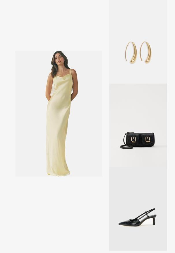 Rochie lungă din satin în galben pal, cu decolteu tip cowl și bretele subțiri; textură netedă și siluetă ajustată.; Pantofi cu toc slingback negri din patent, cu vârf ascuțit, cu imprimeu de șarpe texturat, curea ajustabilă și toc scurt texturat.; Geantă neagră din piele, tip crossbody, cu două buzunare frontale, catarame aurii, închidere cu fermoar și o curea subțire. Suprafață texturată și formă rectangulară compactă.; Cercei din metal auriu, cu un design curbat și alungit. Au o suprafață netedă și strălucitoare, cu un vârf rotunjit pentru un detaliu suplimentar.