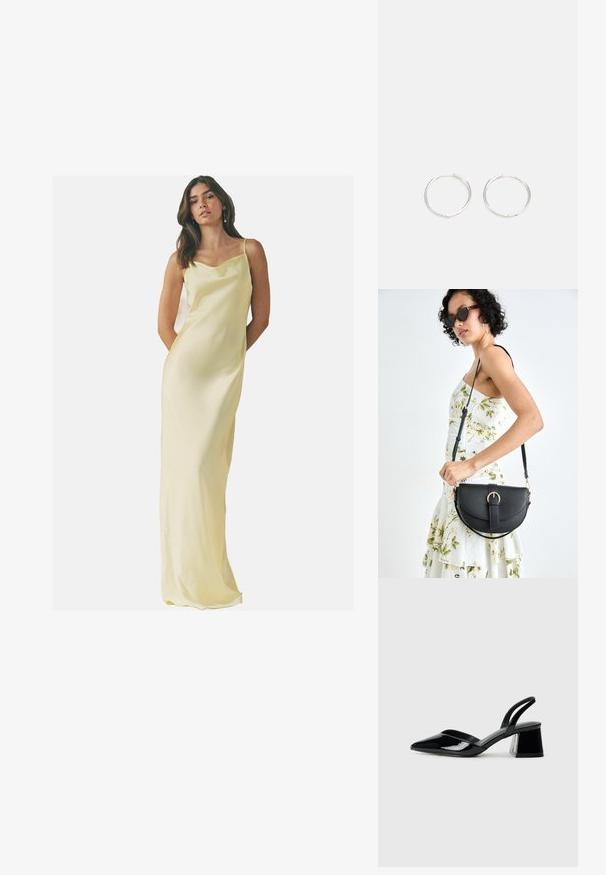 Ilgas, satino naktinis sijonas švelniai gelsvos spalvos, su apvaliu kaklu ir špagato petnešomis; sklandus paviršius ir prigludusi siluetas.; Juodos lakuotos odinės šlepetės su smailiu pirštu ir geometriniu bloko kulnu. Turi elegantišką, minimalistinį dizainą ir lygų paviršių.; Juodas odinis krepšys su išlenkta forma, nuimamu dirželiu ir auksiniais detalėmis. Krepšys turi kilpą su sagtimi.; Sidabrinės auskarai žiedai su sėslia, apvalia forma, pasižymintys lygia paviršiumi ir be matomų puošmenų. Svoris nenurodytas.