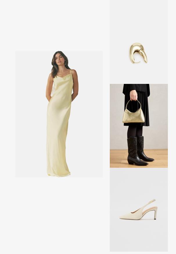 Lång, satinspetsklänning i mjuk gul färg med cowl-urringning och axelband; slät textur och åtsittande siluett.; Beiga läderklackar med slingback, spetsig tå, öppen sidodesign och smal hög klack. Har en guldaccent på remmen.; Gyllene texturerad handväska med kurvform och kort handtag, hålls av en person som bär en svart plisserad kjol och svarta lädercowboystövlar.; Örhänge i guldtonad metall med en elegant, böjd design. Har en distinkt spetsig form, polerad yta och gångjärnslås.