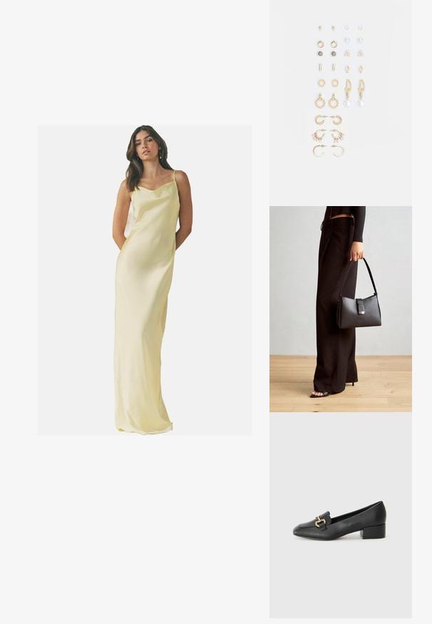 Pikk, satiinist libisev kleit heledas kollases värvitoonis, millel on kumer kaelus ja õhukesed rihmad; sile tekstuur ja lähedalt liibuv siluett.; Mustad nahast loafers madala kontsaga, millel on esiküljel dekoratiivne kuldne detalj ja sile tekstuur.; Must musta kott, millel on struktureeritud kuju, sile tekstuur ja metallist klamber. Kombineeritud laiate mustade pükstega ja avatud varvaste sandaalidega puidust põrandal.; Kullastusust kõrvarõngaste komplekt, mis sisaldab erinevaid disaine, sealhulgas nööpe, rõngaid ja riputatavaid tükke, millel on pärlid ja rhinestones.
