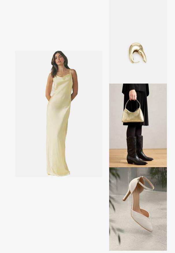 Dolga, satinasta obleka v mehki rumeni barvi z cowl izrezom in naramnicami; gladka tekstura in prilegajoč silhueta.; Bele visoke petne čevlje iz gladkega materiala s koničastim nosom in gležnjenim trakom. Imajo svetlo tan notranjost in zlat ton dodatkov.; Zlati torbica z strukturo in ukrivljeno obliko ter kratko ročico, jo drži oseba v črnem nabranem krilu in črnih usnjenih kavbojkah.; Uhane nakit iz zlatastega tona z gladko, ukrivljeno zasnovo. Ima edinstveno koničasto obliko, polirano površino in zaponko s tečajem.