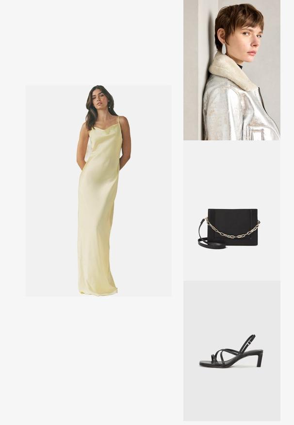 Duga, satenasta haljina u mekoj žutoj boji s izrezom u obliku školjke i trakicama; glatka tekstura i priljubljeni silueta.; Crne sandale s trakama, kvadratnim prstom i niskom blok petom. Ima više tankih trakica i podesivu trakicu oko gležnja. Izrađene su od glatke kože.; Crna kožna torba preko tijela s glatkom teksturom, pravokutnim oblikom i metalnim lancem na prednjoj strani. Uključena je podesiva naramenica.; Srebrna metalik kožna jakna s ovčjim krznom, koja ima zatvaranje na patentni zatvarač i teksturiranu površinu. Velike naušnice u obliku suze s prozirnim draguljima.