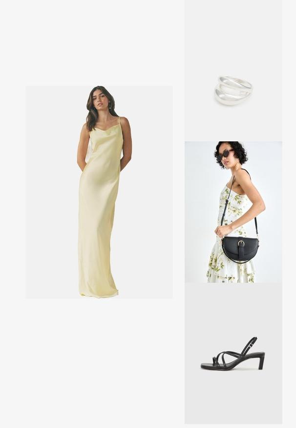 Pikk, satiinist libisev kleit heledas kollases värvitoonis, millel on kumer kaelus ja õhukesed rihmad; sile tekstuur ja lähedalt liibuv siluett.; Mustast rihmajalatsid ruudukujulise varba ja madala ploki kontsaga. Omab mitmeid õhukesi rihmasid ja reguleeritavat pahkluu rihma. Valmistatud siledast nahast.; Mustmust mustraha kõverate joontega, eemaldatava rihmaga ja kuldsete detailidega. Kotil on klapp, millel on pandladetail.; Hõbedane kahekordne rõngas sujuva, poleeritud pinnaga. Omab voolavat, kõverat disaini, millel on kattuvad sektsioonid, et saavutada kaasaegne ilme.