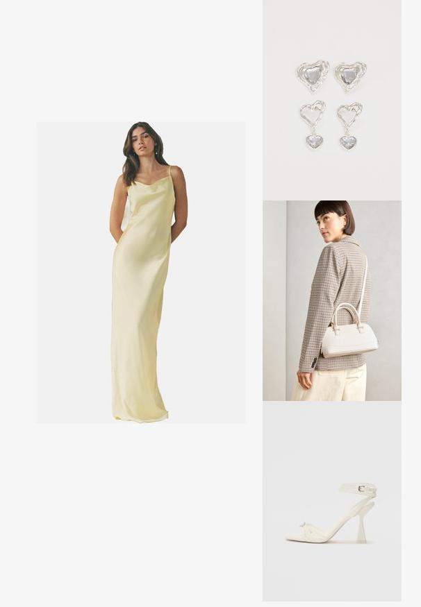 Dlhá saténová šaty v jemnej žltej farbe s výstrihom v tvare kocúra a tenkými ramienkami; hladká textúra a tesný strih.; Biele kožené sandále na vysokom podpätku s pásikmi, elegantným dizajnom, priehľadným blokovým podpätkom a dekoratívnym prvkom na špičke.; Biela štruktúrovaná kabelka s krátkymi rúčkami a ramenným popruhom, s zlatými kovovými prvkami a textúrovaným materiálom, vystavená na šedom pozadí.; Strieborné náušnice v tvare srdca sú zdobené facetovanými čírymi kameňmi s textúrovaným rámom. Sada obsahuje štýly so zapichovaním a visiacich náušníc.