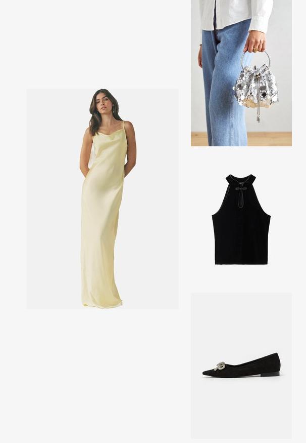 Rochie lungă din satin în galben pal, cu decolteu tip cowl și bretele subțiri; textură netedă și siluetă ajustată.; Top negru fără mâneci, fabricat din catifea, cu un guler înalt și un nod decorativ la decolteu. Textură netedă și design simplu.; Pantof negri din suede, cu vârful ascuțit, decorat cu un detaliu de fundiță argintie pe partea din față, având un toc mic.; Geantă tip bucket argintie, cu paiete, dotată cu un mâner metalic circular; include un sistem de închidere cu șnur și accente din lanț, pe un fundal din denim deschis și material alb.