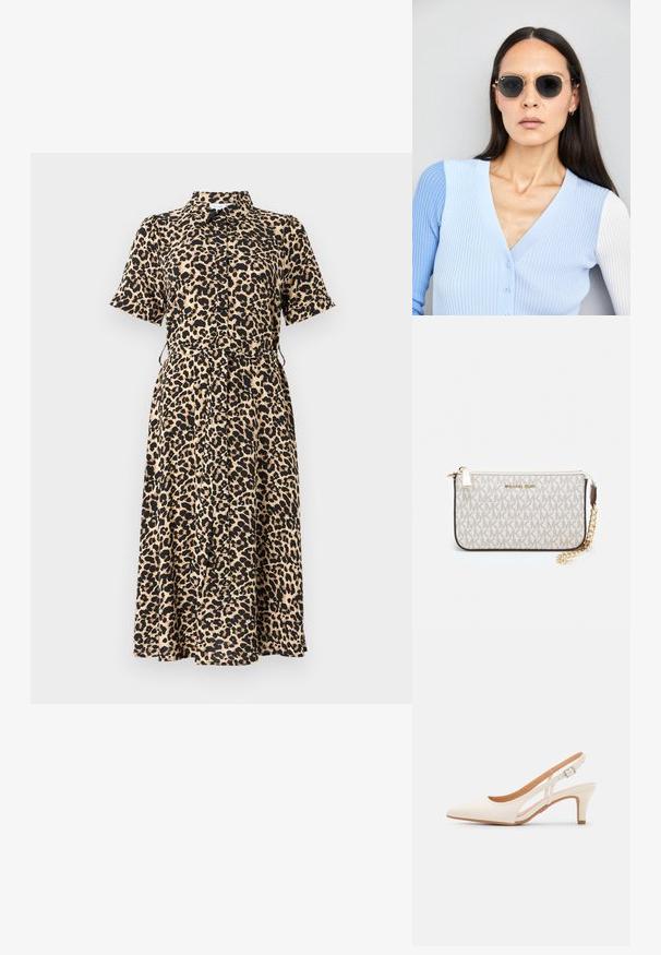 Kratke rukave haljina s uzorkom tigrastog printa u bež i crnoj boji, s kragnom, prednjim kopčanjem na gumbe i podesivim pojasom, koji seže do sredine lista.; Bijela slingback peta s oštrim vrhom, glatkim gornjim materijalom, niskom blok peta te dizajnom s bočnim izrezom i podešivom kopčom.; Ok Runde sunčane naočale s tamnim staklima i zlatnim okvirom. Model nosi svijetloplavi rebrasti kardigan s gumbima i kontrastnim bijelim rukavima.; Michael Kors novčanik na zapešću u bež premazanoj tkanini s ponavljajućim uzorkom MK loga, zlatnim hardverom i odvojivim lancem za nošenje.