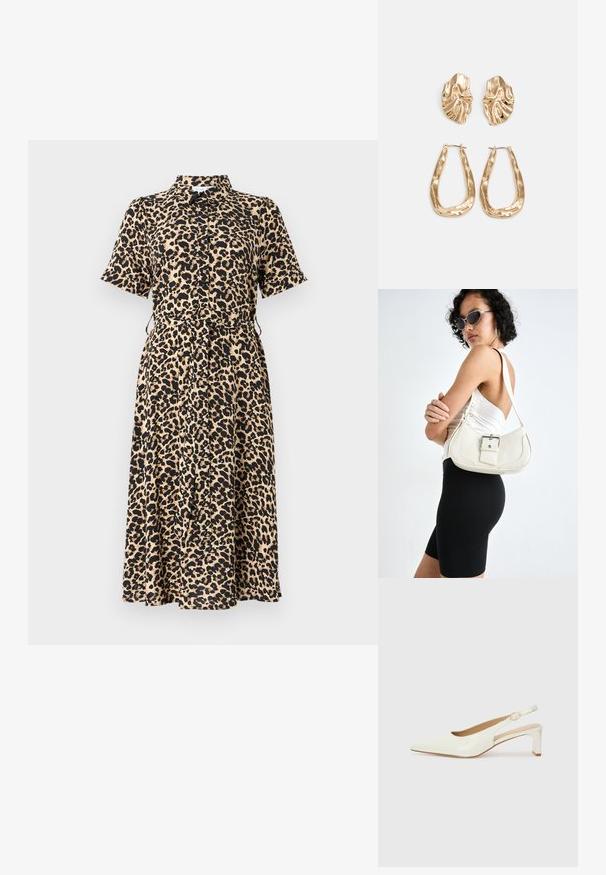 Kortärmad leopardmönstrad klänning i beige och svart, med krage, knapplist framtill och justerbar knytning i midjan, som når till mitt på vadbenen.; Vit patentläder slingback-sko med spetsig tå och låg blockklack. Har en diskret rem med detalj i guldton.; Vit läderhandväska med en böjd form, justerbar rem och en liten spänndetalj. Modellen bär en åtsittande svart outfit.; Örhängen i guldton med texturerade, vågiga former. Inkluderar skulpturala clip-on-stift och öppen hoop-design med hamrad finish.