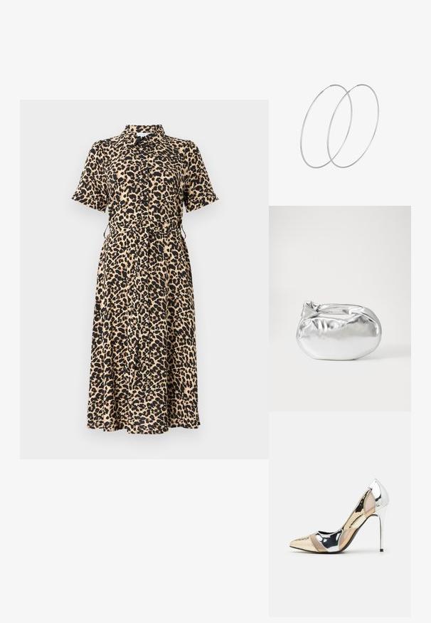 Lyhythihainen leopardi-printti mekko beige ja mustana, kauluksellisella pääntiellä, nappisuljennalla ja säädettävällä vyötärönauhalla, joka ulottuu polven keskikohtaan.; Korkokenkät, joissa on terävä kärki ja hopea, kultainen sekä nude-väriyhdistelmä. Kiiltävä pinta ja leikkausdesign, varustettuna stikettikorkealla.; Hopeapintainen metallinen pussilaukku, jolla on pehmeä, pyöreä muoto ja solmittava yläosa. Valmistettu sileästä tekonahkamateriaalista.; Hopehope hopeilla, joissa on minimalistinen muotoilu. Pyöreä muoto, sileä pinta ja ohut profiili. Kevyet ja kiillotetut.